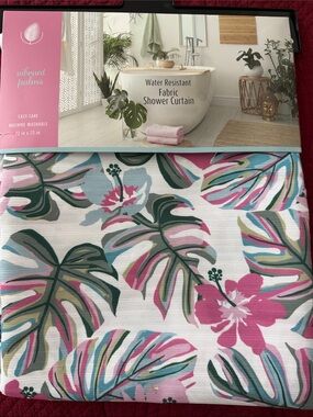 Vibrant Pink, Green and Blue Tropical Leaf Fabric Shower Curtain